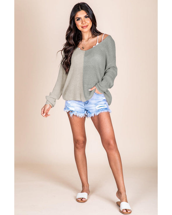 Azura Exchange Gray Long Sleeve V-Neck Colorblock Sweater - XL