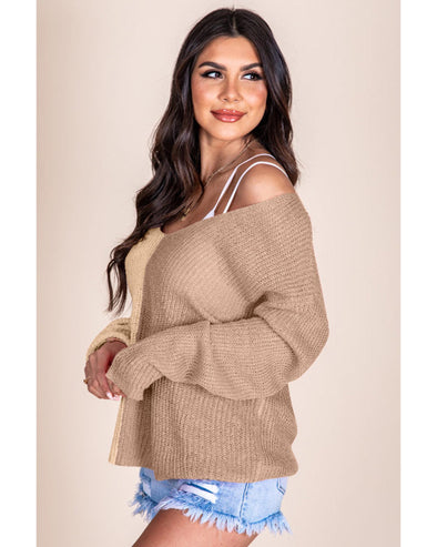 Khaki Long Sleeve V-Neck Colorblock Sweater - M