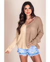 Khaki Long Sleeve V-Neck Colorblock Sweater - M