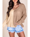 Khaki Long Sleeve V-Neck Colorblock Sweater - M