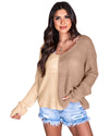 Khaki Long Sleeve V-Neck Colorblock Sweater - XL
