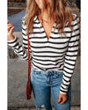 Stripe Collared V Neck Lightweight Knit Casual Sweater - L