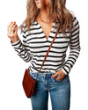 Stripe Collared V Neck Lightweight Knit Casual Sweater - M