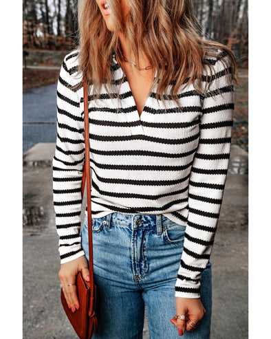 Stripe Collared V Neck Lightweight Knit Casual Sweater - S