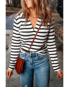 Stripe Collared V Neck Lightweight Knit Casual Sweater - S