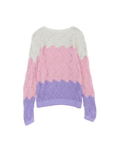 Pink Color Block Hollow Knitted Loose Sweater - M