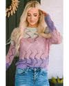 Pink Color Block Hollow Knitted Loose Sweater - M