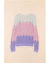 Pink Color Block Hollow Knitted Loose Sweater - M