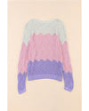 Pink Color Block Hollow Knitted Loose Sweater - M