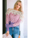 Pink Color Block Hollow Knitted Loose Sweater - M