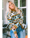 Brown Aztec Striped Knit Ribbed Trim Sweater - M