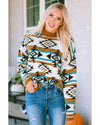 Brown Aztec Striped Knit Ribbed Trim Sweater - XL