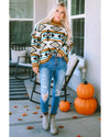 Brown Aztec Striped Knit Ribbed Trim Sweater - XL