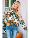 Brown Aztec Striped Knit Ribbed Trim Sweater - XL