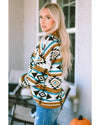 Brown Aztec Striped Knit Ribbed Trim Sweater - XL