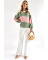 Green Colorblock Drop Shoulder Pullover Loose Sweater - L