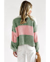 Green Colorblock Drop Shoulder Pullover Loose Sweater - M