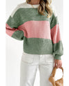 Green Colorblock Drop Shoulder Pullover Loose Sweater - M