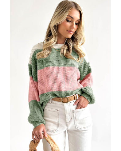 Green Colorblock Drop Shoulder Pullover Loose Sweater - XL