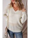 White Eyelet Pattern Detail V Neck Drop Shoulder Sweater - 2XL
