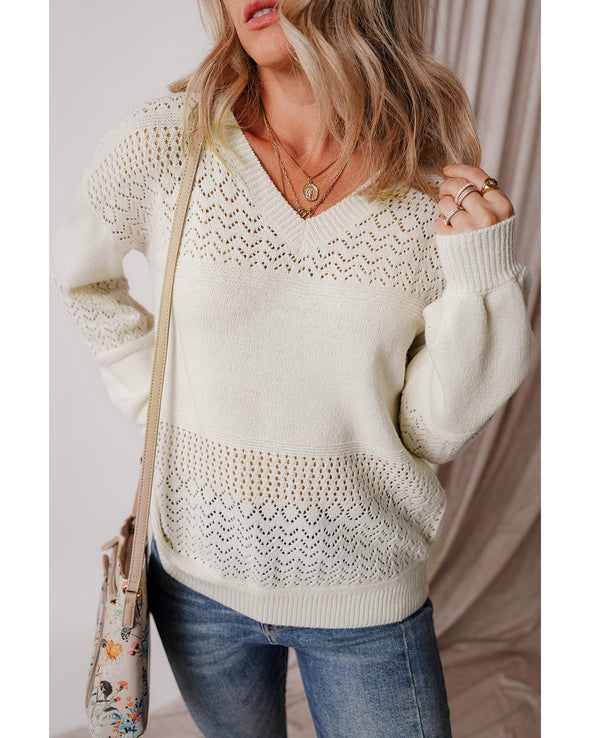 White Eyelet Pattern Detail V Neck Drop Shoulder Sweater - 2XL