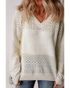 White Eyelet Pattern Detail V Neck Drop Shoulder Sweater - 2XL