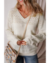 White Eyelet Pattern Detail V Neck Drop Shoulder Sweater - 2XL