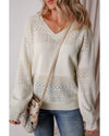 White Eyelet Pattern Detail V Neck Drop Shoulder Sweater - 2XL