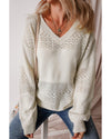 White Eyelet Pattern Detail V Neck Drop Shoulder Sweater - 2XL