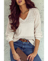 White Eyelet Pattern Detail V Neck Drop Shoulder Sweater - 2XL
