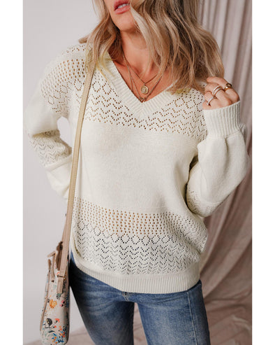 White Eyelet Pattern Detail V Neck Drop Shoulder Sweater - L