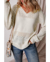 White Eyelet Pattern Detail V Neck Drop Shoulder Sweater - XL