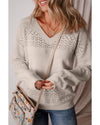 Brown Eyelet Pattern Detail V Neck Drop Shoulder Sweater - L