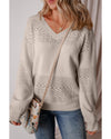 Brown Eyelet Pattern Detail V Neck Drop Shoulder Sweater - L