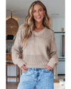 Brown Eyelet Pattern Detail V Neck Drop Shoulder Sweater - L