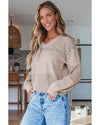 Brown Eyelet Pattern Detail V Neck Drop Shoulder Sweater - L