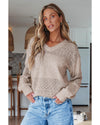 Brown Eyelet Pattern Detail V Neck Drop Shoulder Sweater - L
