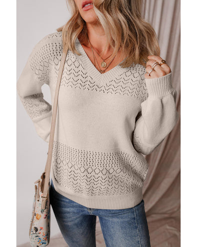 Brown Eyelet Pattern Detail V Neck Drop Shoulder Sweater - M