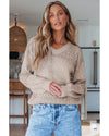 Brown Eyelet Pattern Detail V Neck Drop Shoulder Sweater - M