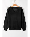 Black Eyelet Pattern Detail V Neck Drop Shoulder Sweater - 2XL