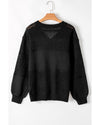 Black Eyelet Pattern Detail V Neck Drop Shoulder Sweater - 2XL