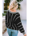 Black Colorblock Striped V Neck Knitted Loose Sweater - M