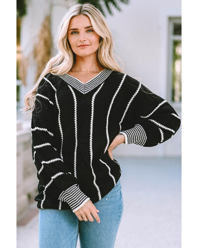 Black Colorblock Striped V Neck Knitted Loose Sweater - S
