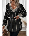 Black Colorblock Striped V Neck Knitted Loose Sweater - S