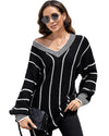 Black Colorblock Striped V Neck Knitted Loose Sweater - S