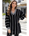 Black Colorblock Striped V Neck Knitted Loose Sweater - S