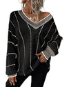 Black Colorblock Striped V Neck Knitted Loose Sweater - S