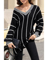 Black Colorblock Striped V Neck Knitted Loose Sweater - S