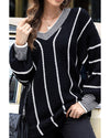 Black Colorblock Striped V Neck Knitted Loose Sweater - S