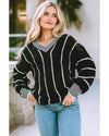 Black Colorblock Striped V Neck Knitted Loose Sweater - S